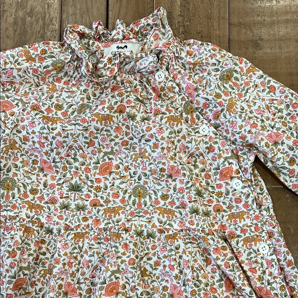Cyrillus jungle animal floral print dress girls 3T ruffled collar side button